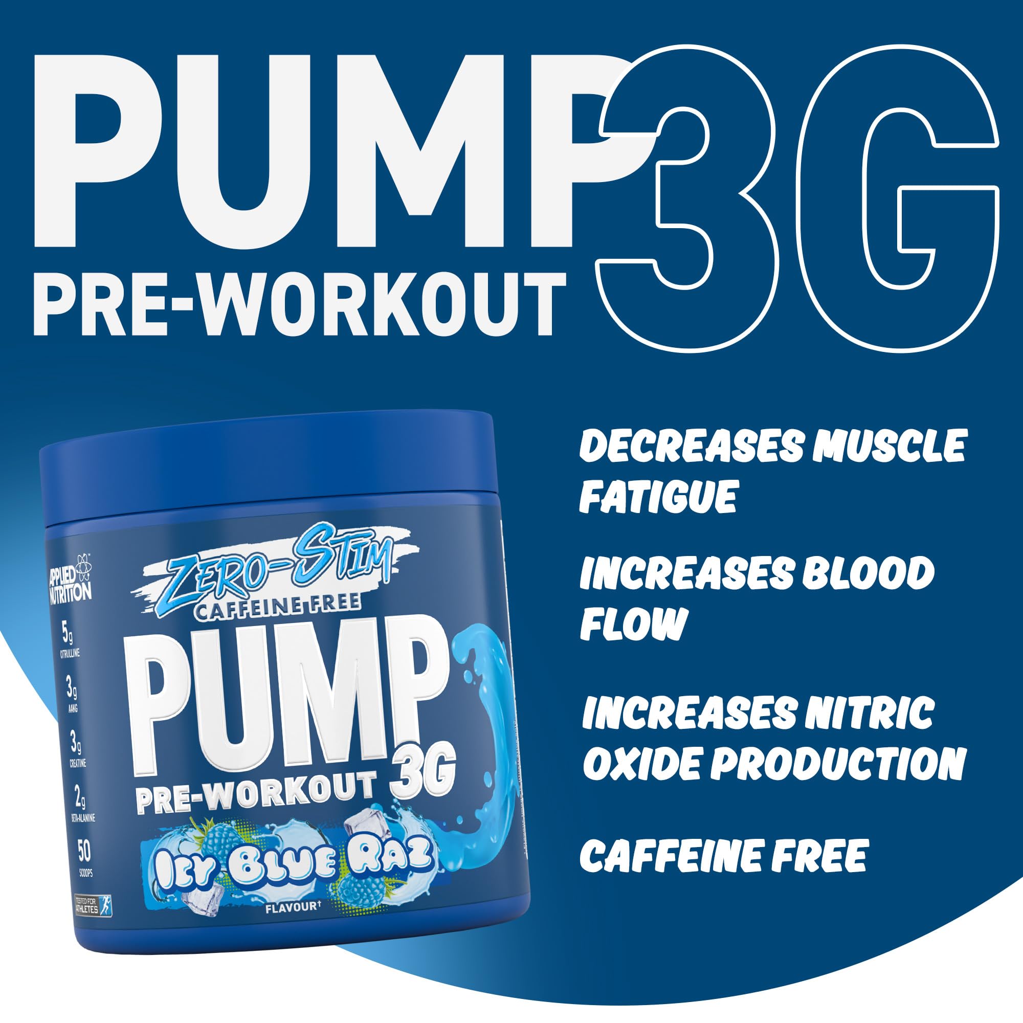 Blue tub of Applied Nutrition Pump 3G Zero caffeine-free pre-workout with citrulline malate and vitamin B12