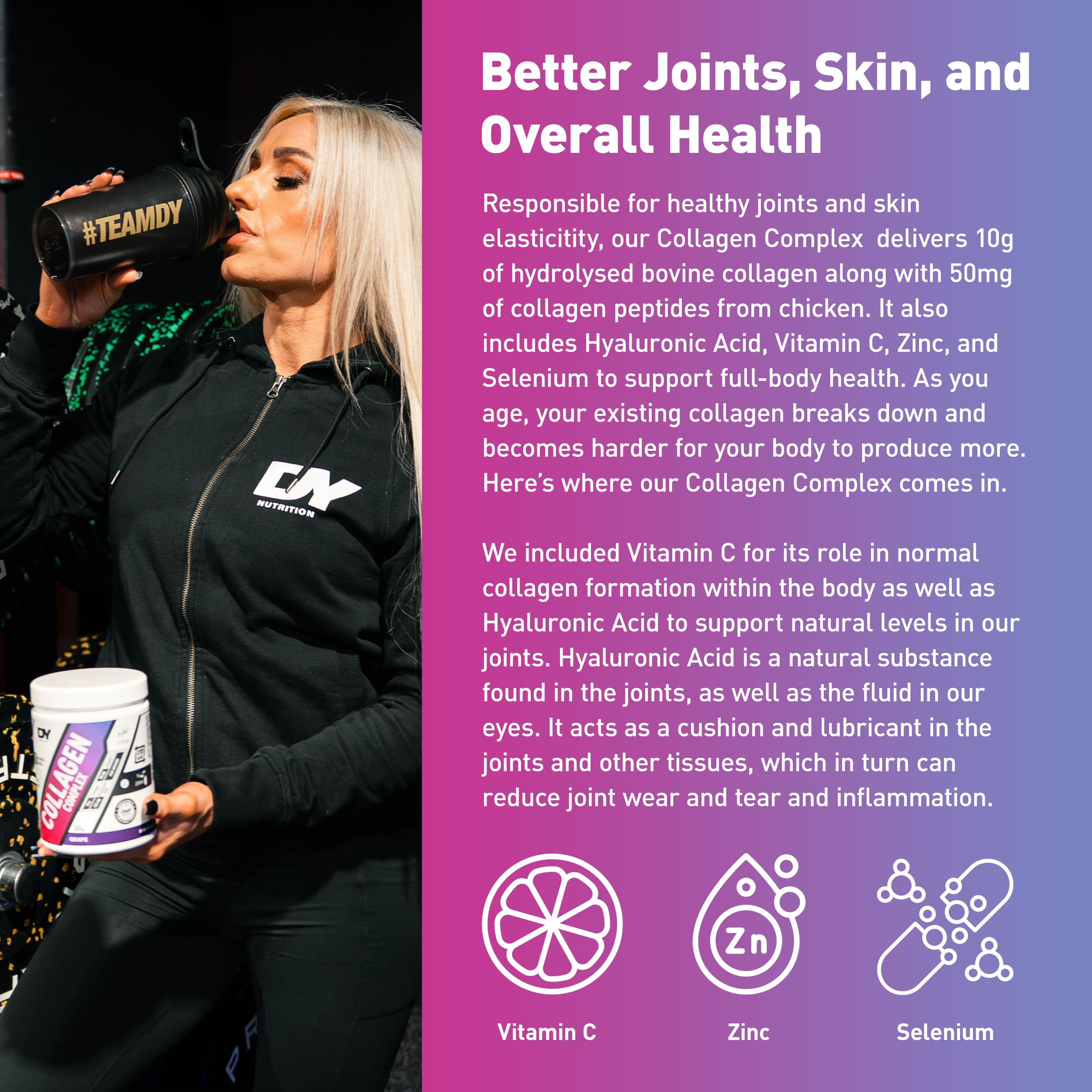 Woman drinking from shaker with DY Nutrition Collagen Complex Powder for skin hydration