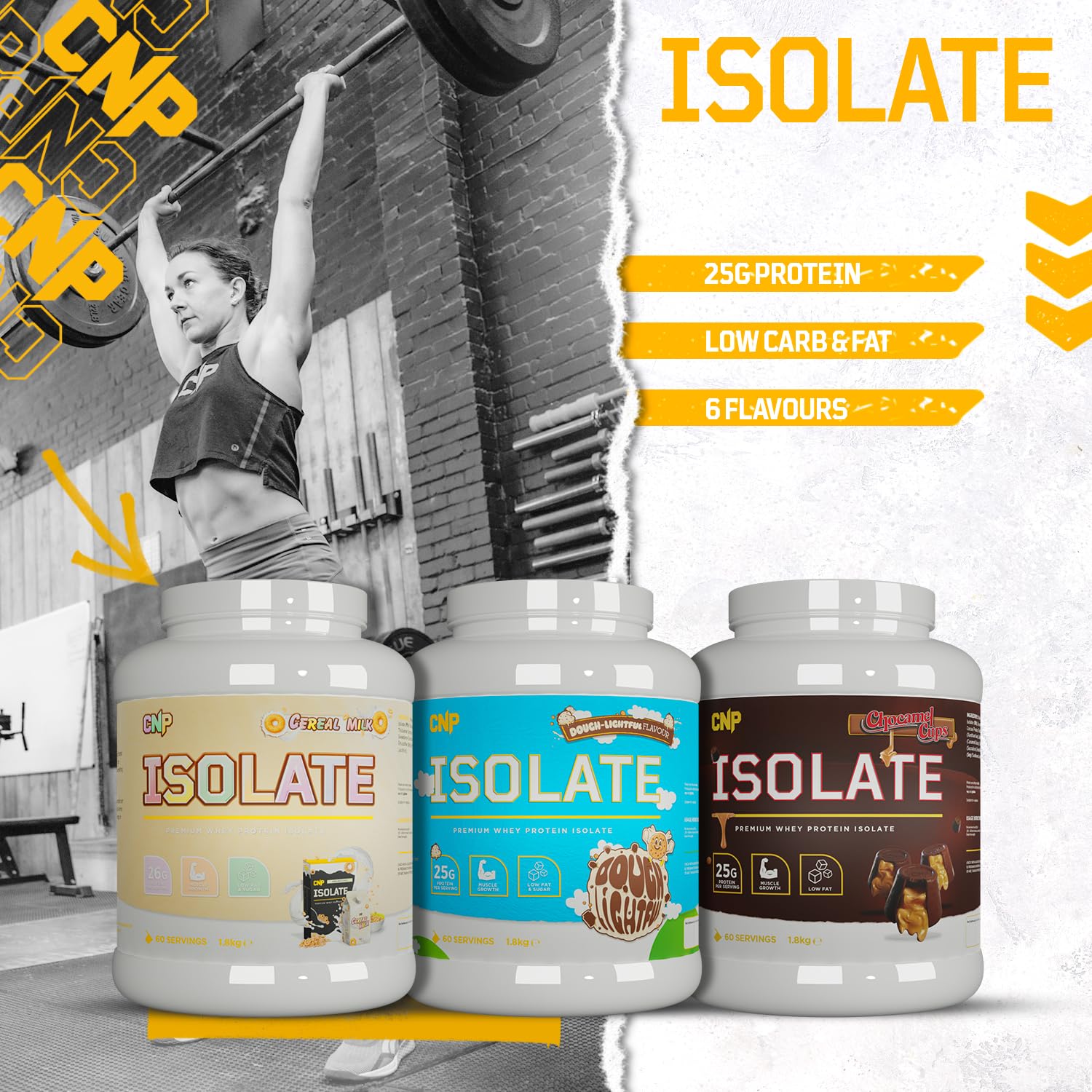 Three tubs of CNP Isolate whey protein isolate with essential amino acids in different flavors