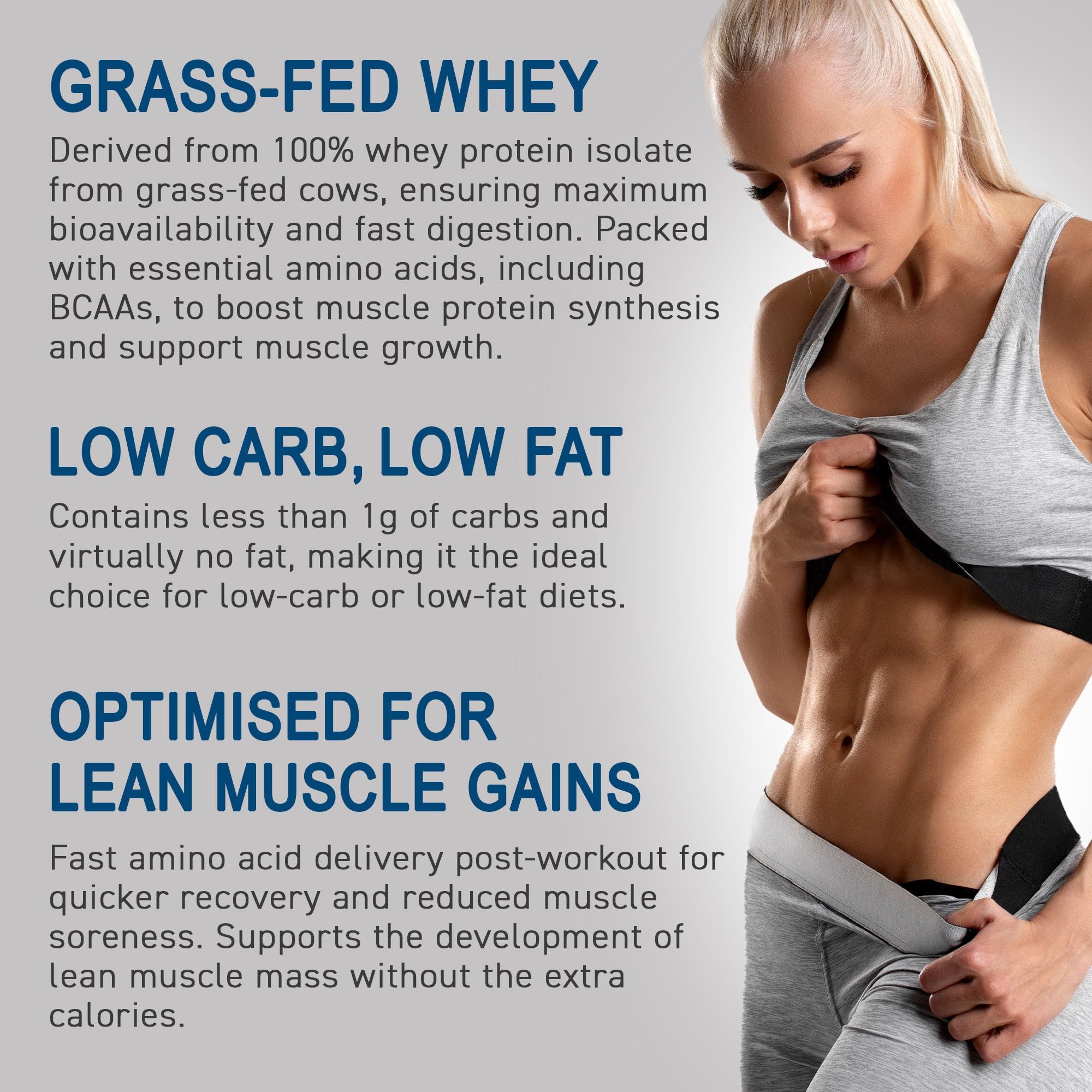 Fitness supplement ad with woman showing toned abs promoting Applied Nutrition Iso-XP whey protein isolate and easy mixing