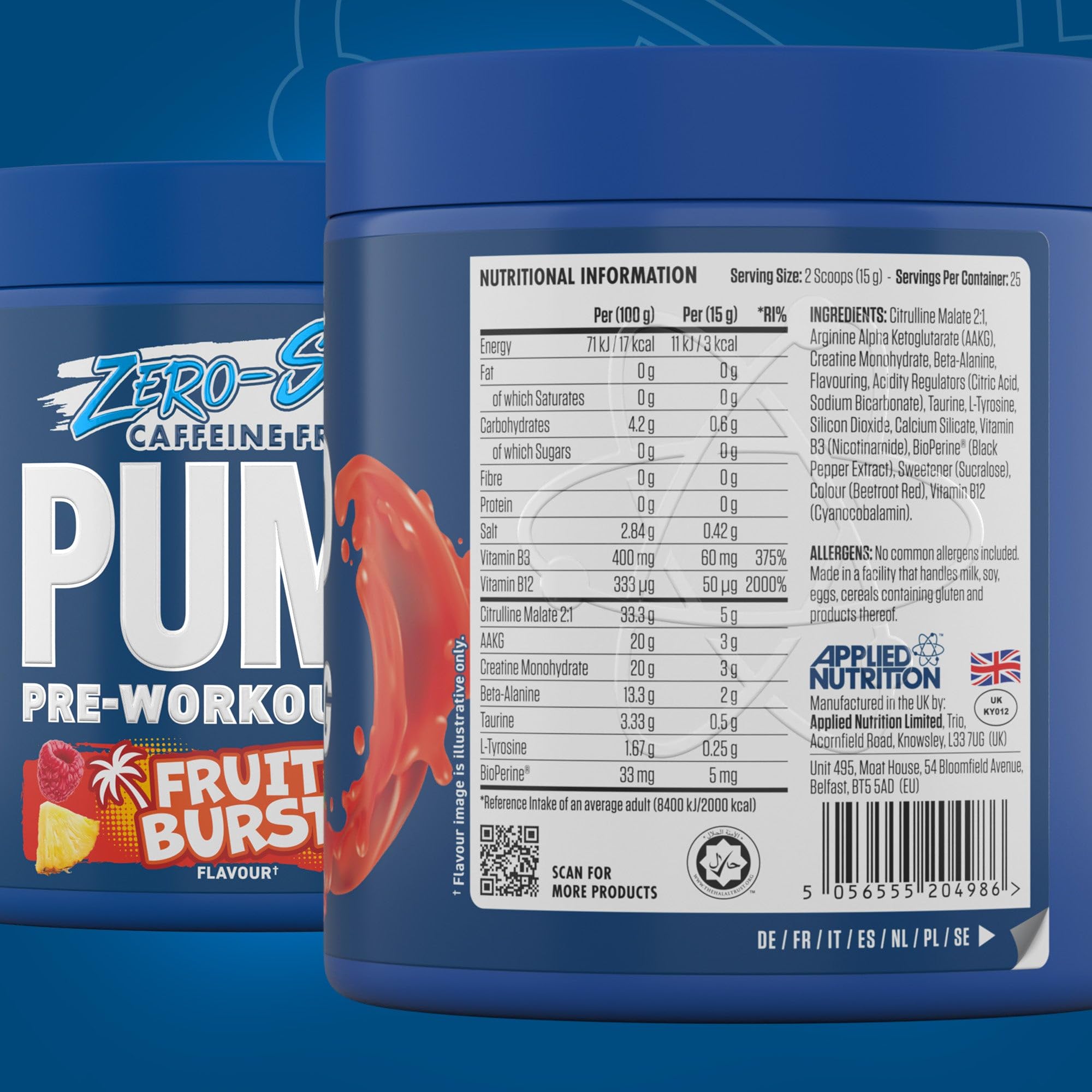 Blue Applied Nutrition Pump 3G Zero container with citrulline malate and vitamin B12