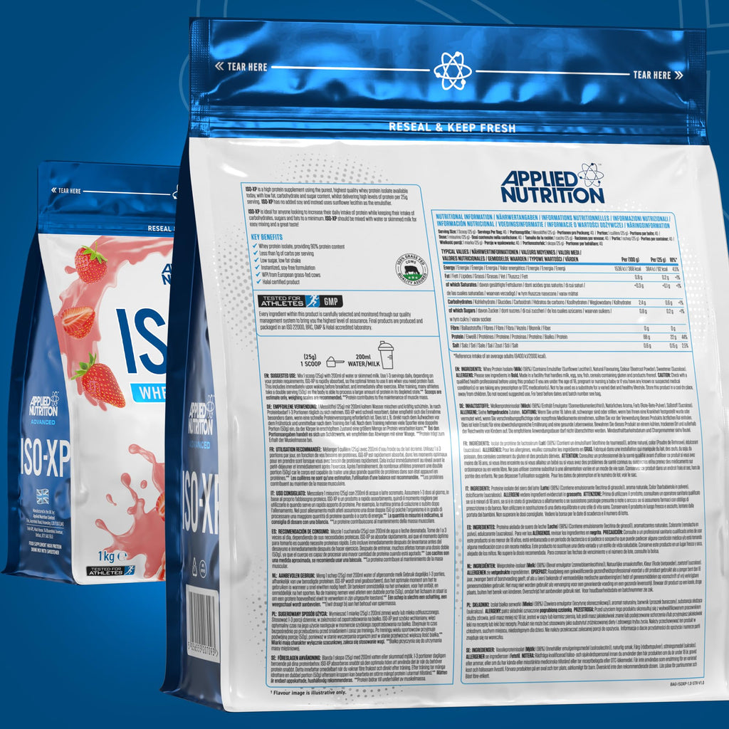 Two sealed bags of Applied Nutrition Iso-XP whey protein isolate for easy mixing
