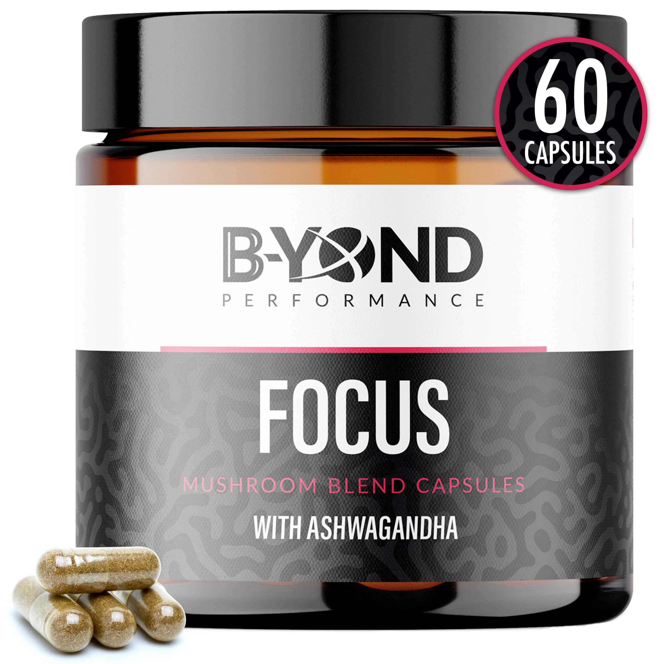Amber glass jar of BYOND PERFORMANCE mushroom capsules for mental clarity