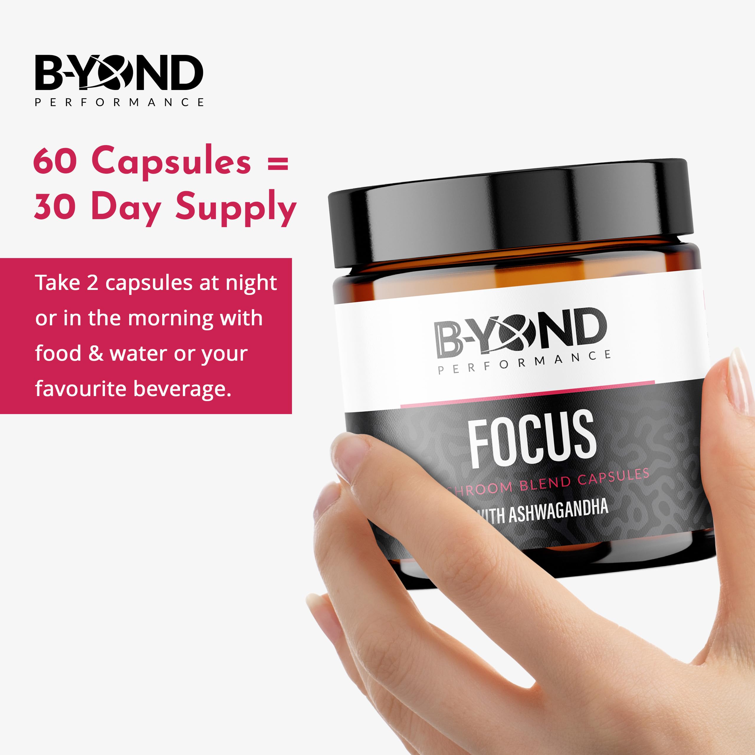 BYOND PERFORMANCE Focus Mushroom Capsules bottle with ashwagandha for mental clarity