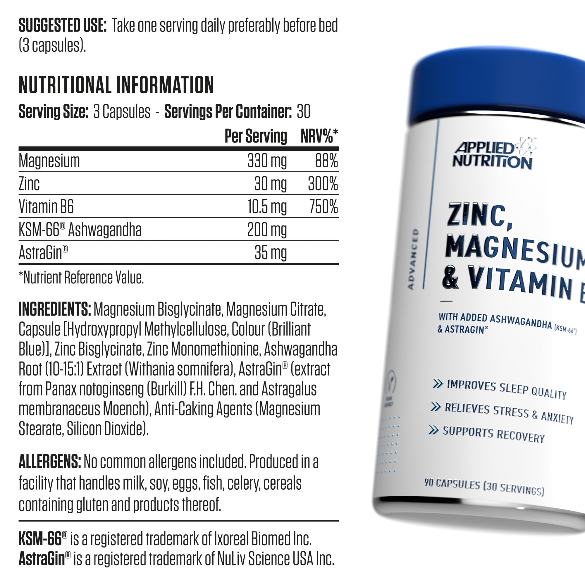Applied Nutrition Zinc Magnesium and Vitamin B6 - 90 Caps - British Brands