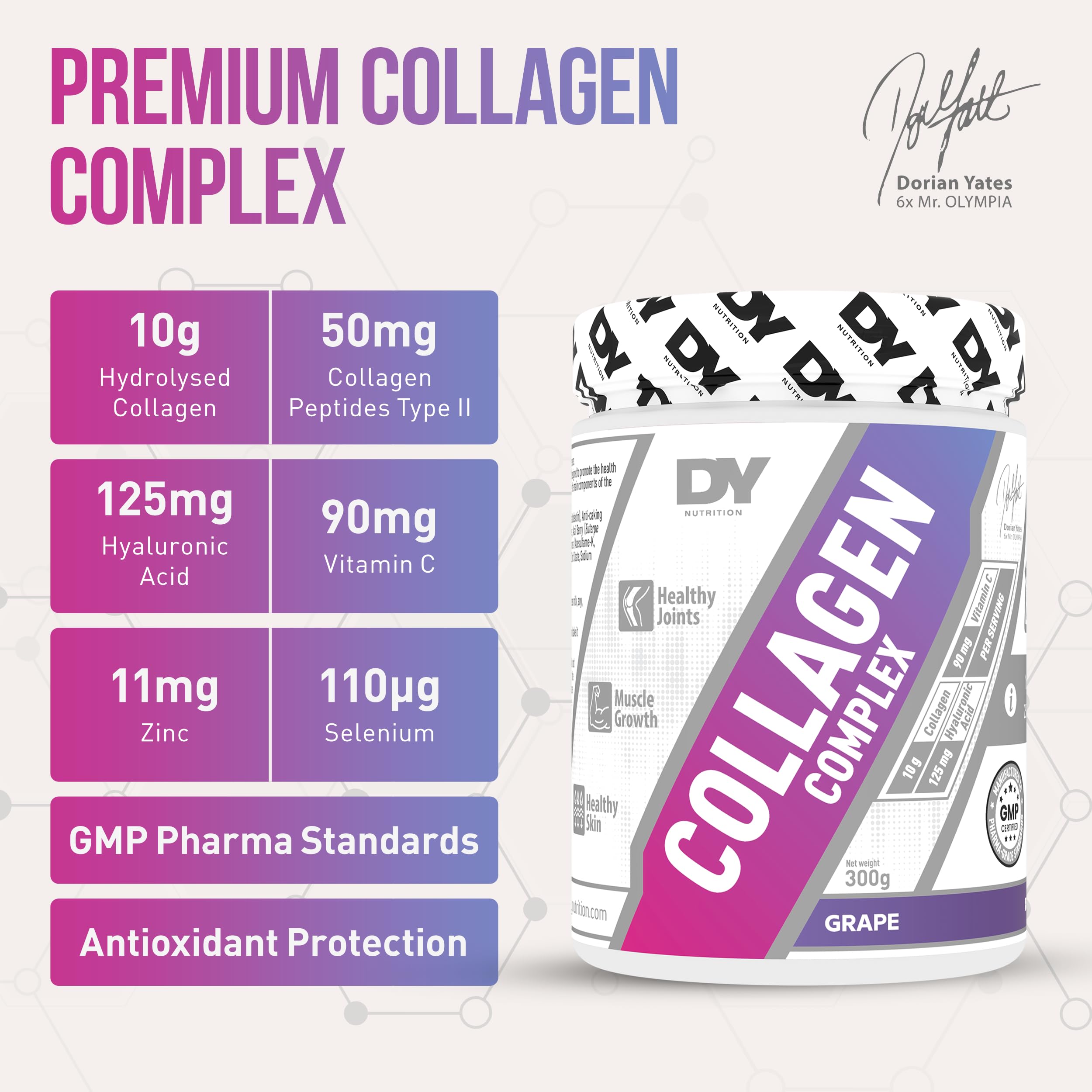 Container of DY Nutrition Collagen Complex Powder with hydrolyzed collagen for skin hydration