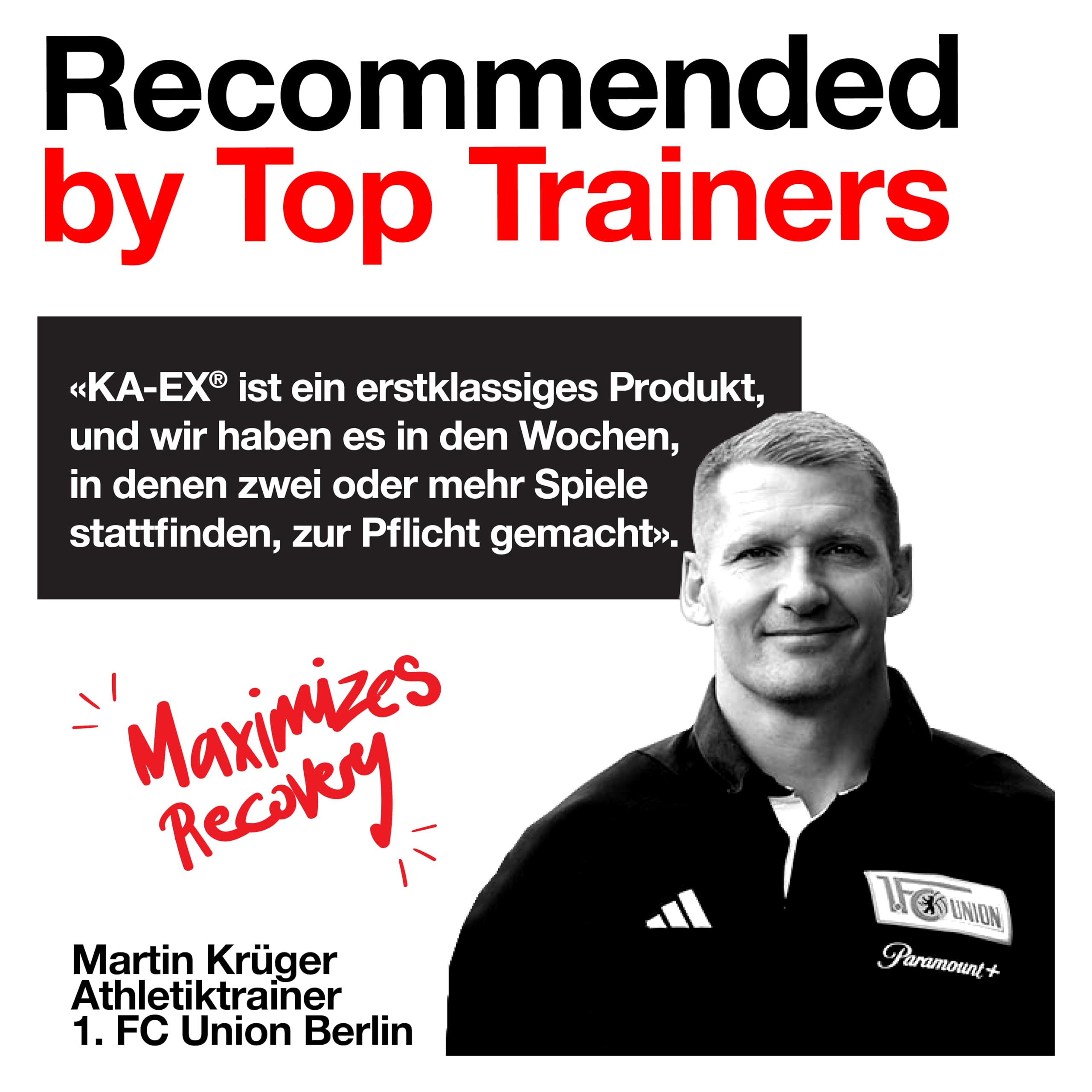 Promo for KA-EX PWD sports recovery with trainer testimonial boosting muscle gain