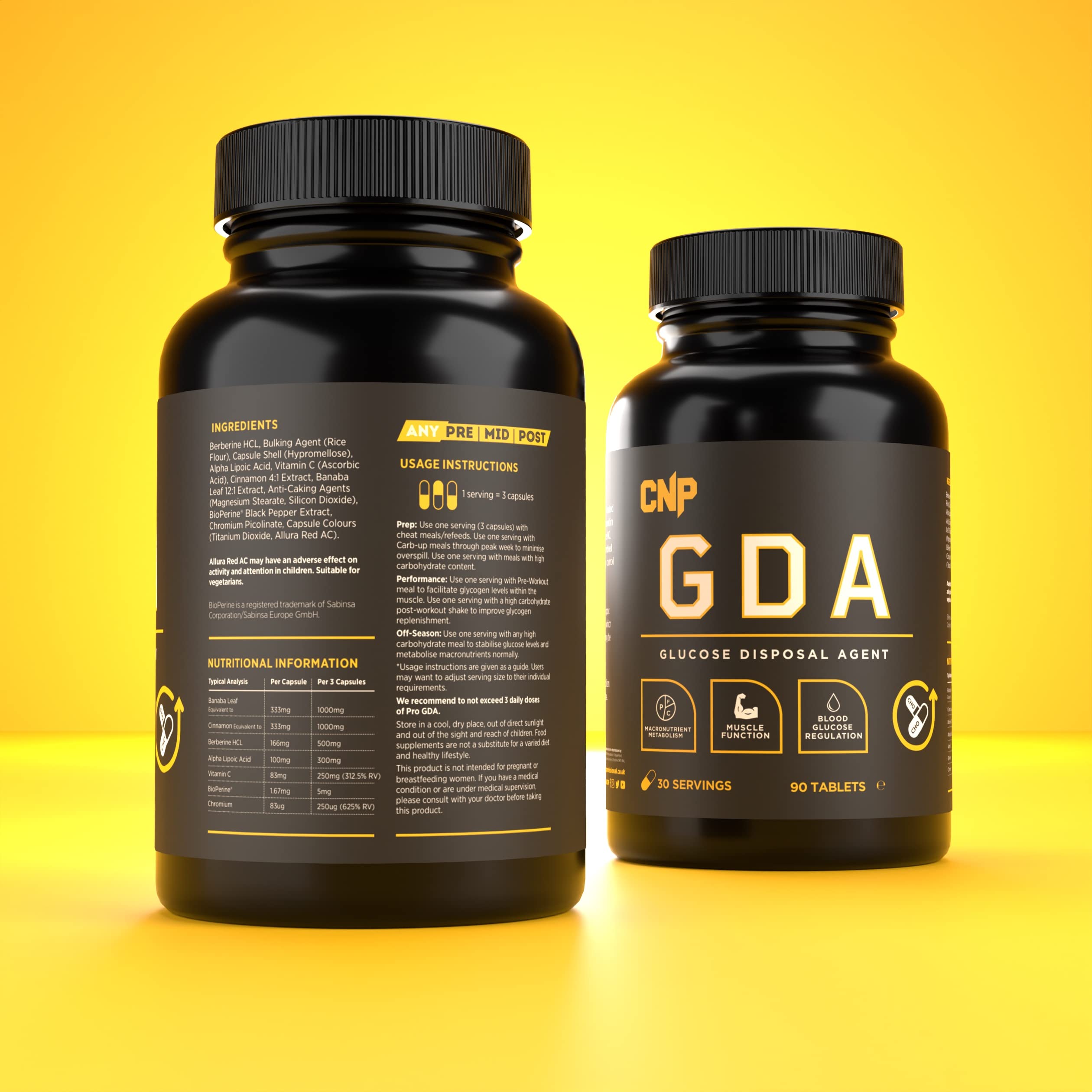 Black supplement bottles with gold labels for CNP GDA supporting healthy glucose and banaba leaf