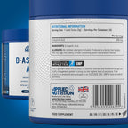 Blue and white Applied Nutrition D-Aspartic Acid supplement container with info on testosterone levels