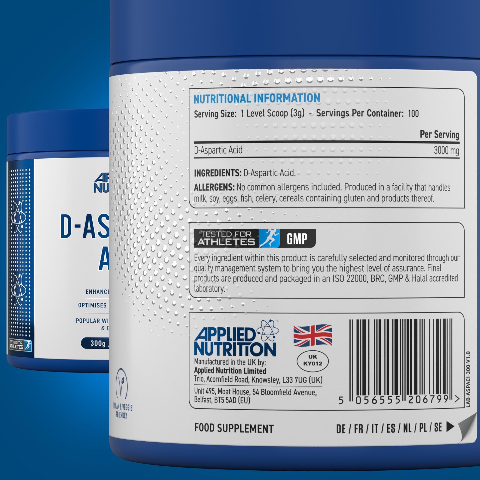 Blue and white Applied Nutrition D-Aspartic Acid supplement container with info on testosterone levels