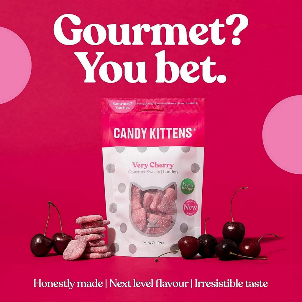 Pink cherry gummy candies in a Candy Kittens 10x140g Wanderlust bag for sweet snacking