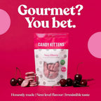 Pink cherry gummy candies in a Candy Kittens 10x140g Wanderlust bag for sweet snacking