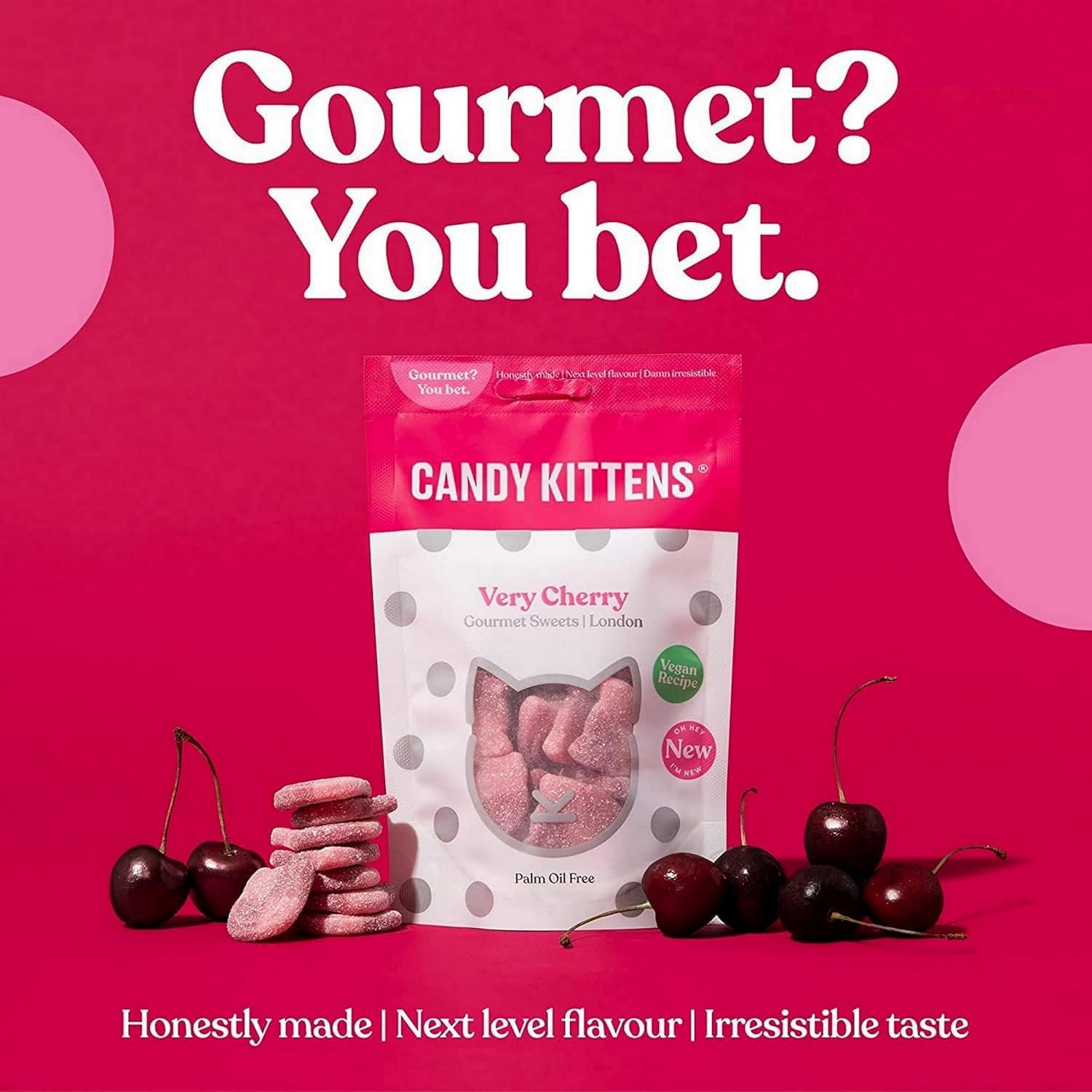 Pink cherry gummy candies in a Candy Kittens 10x140g Wanderlust bag for sweet snacking