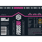 Dark bottle label for Soccer Supplement Focus Shot with mixed berry flavor pre-match caffeinated shot