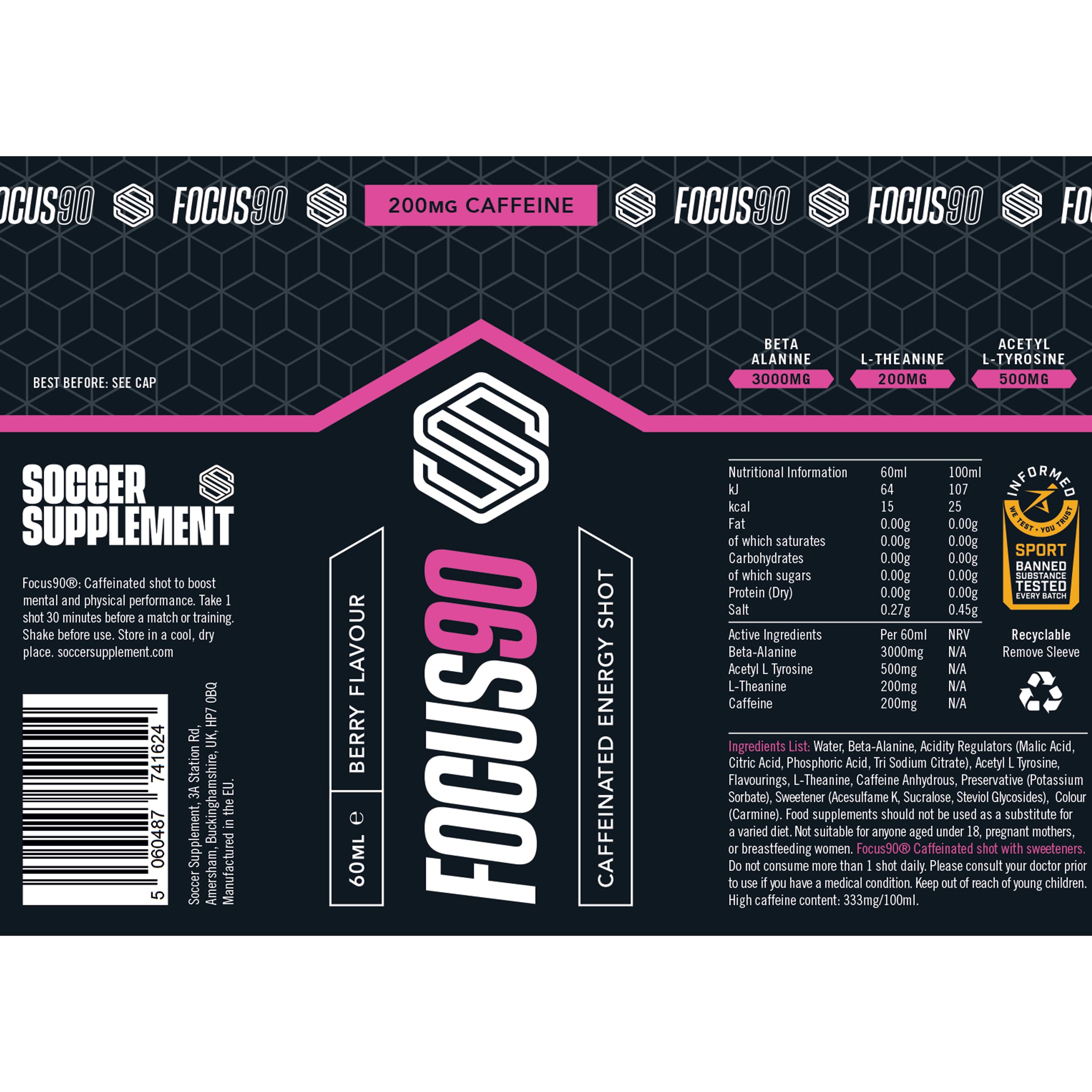 Dark bottle label for Soccer Supplement Focus Shot with mixed berry flavor pre-match caffeinated shot