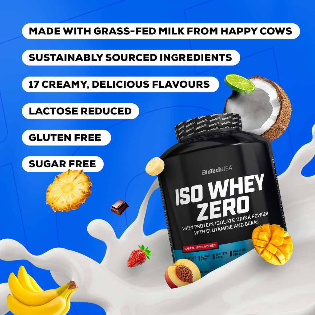 Black Biotech USA Iso Whey Zero Lactose protein container with fruits and milk splash