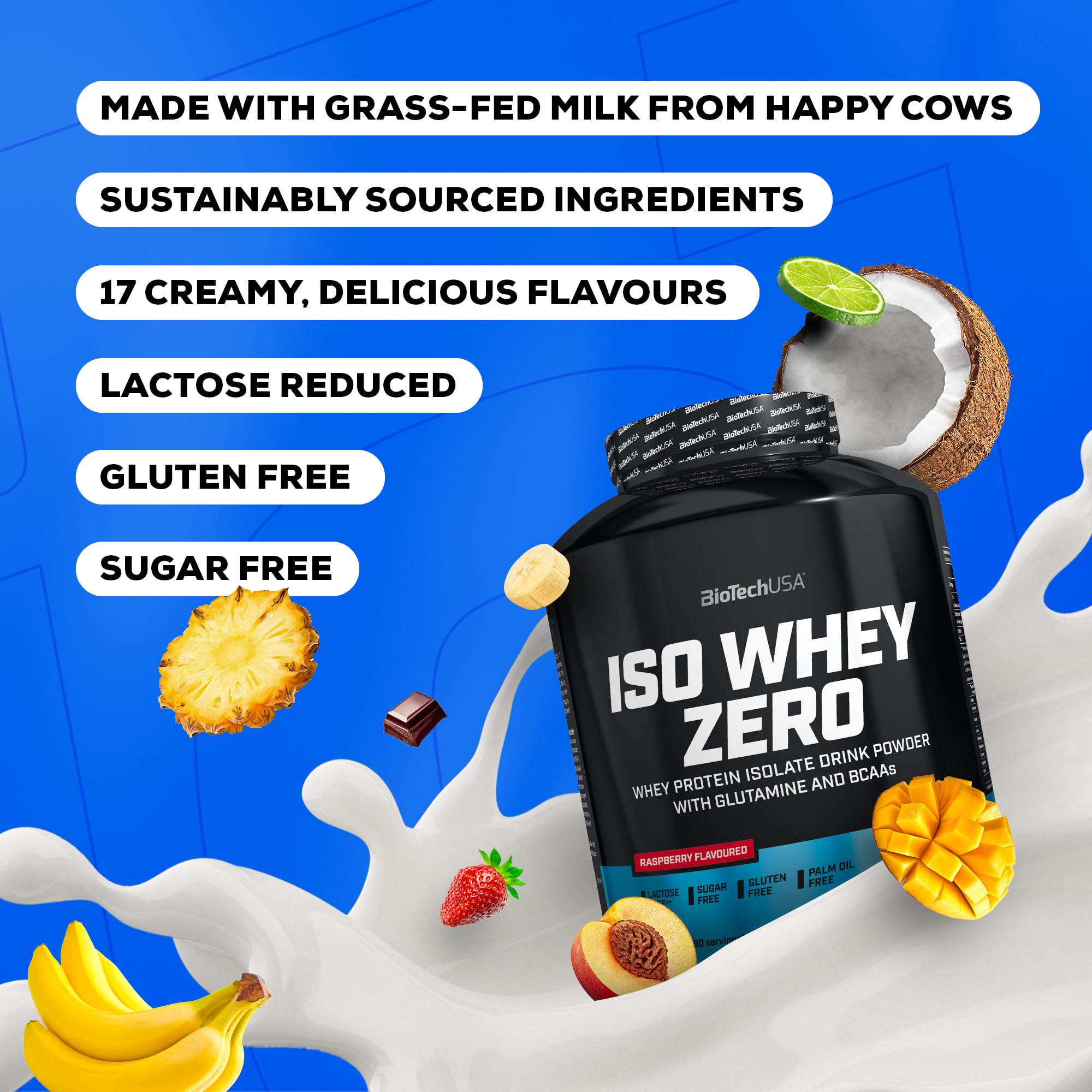 Black Biotech USA Iso Whey Zero Lactose protein container with fruits and milk splash