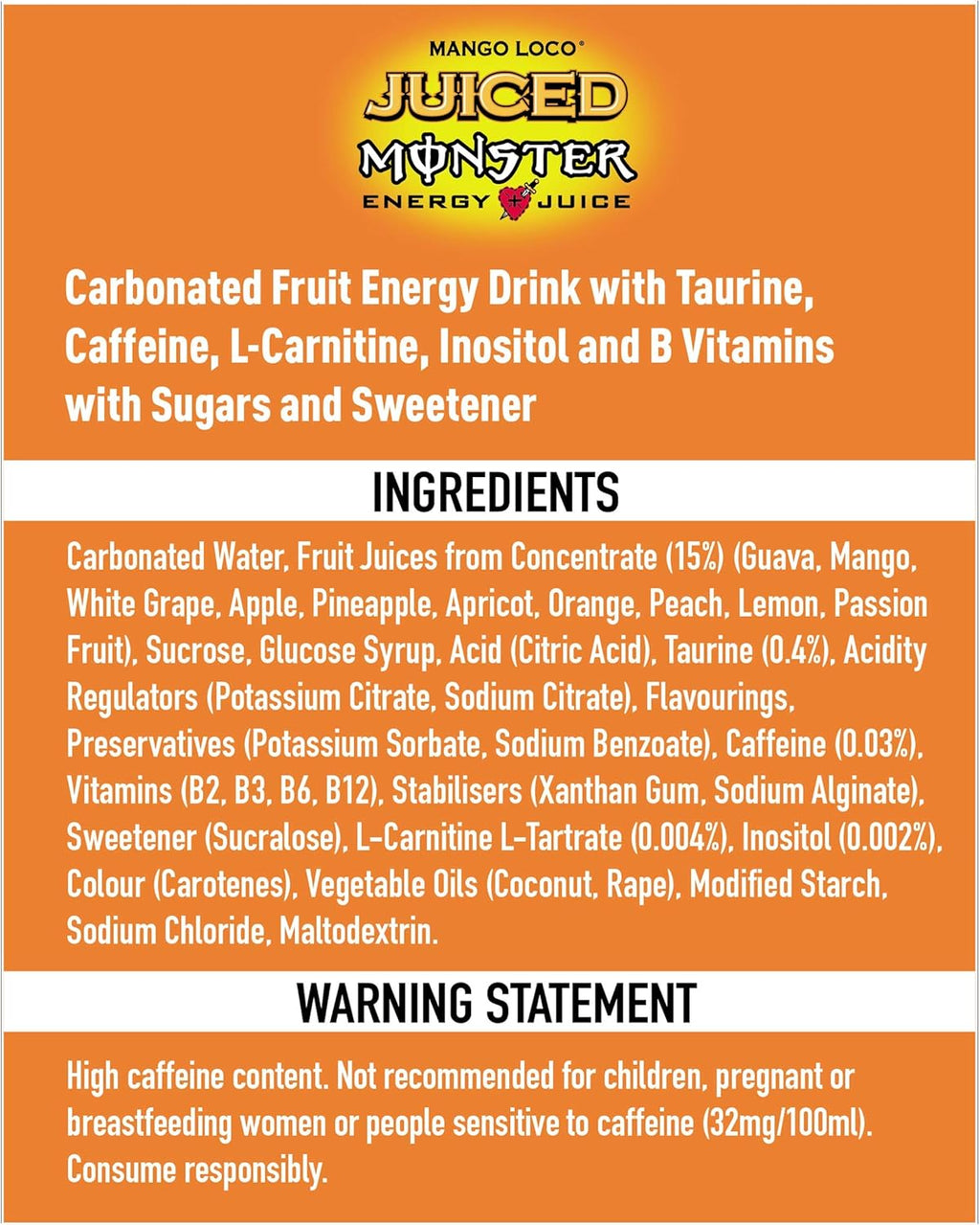 Nutritional info and warnings for Monster Energy Juiced Mango Loco carbonated energy drink