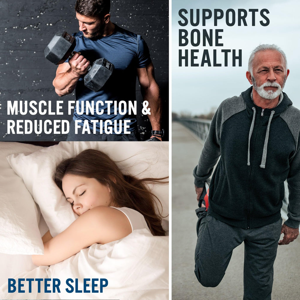 Collage showing benefits of Applied Nutrition Tri-Magnesium Powder for restful sleep and health