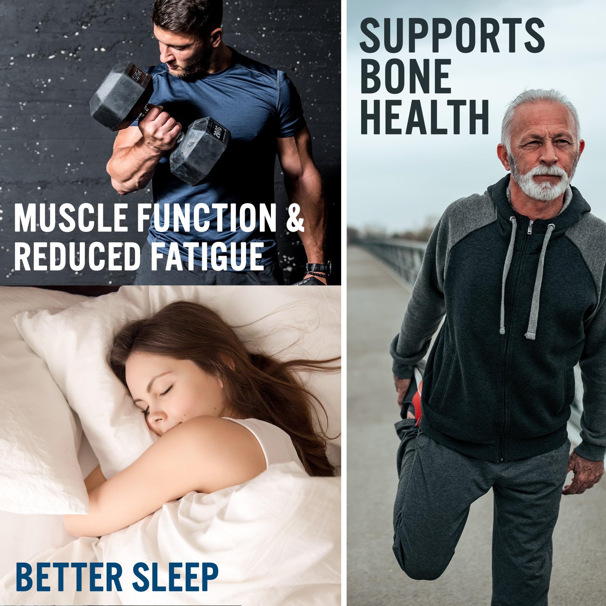 Collage showing benefits of Applied Nutrition Tri-Magnesium Powder for restful sleep and health