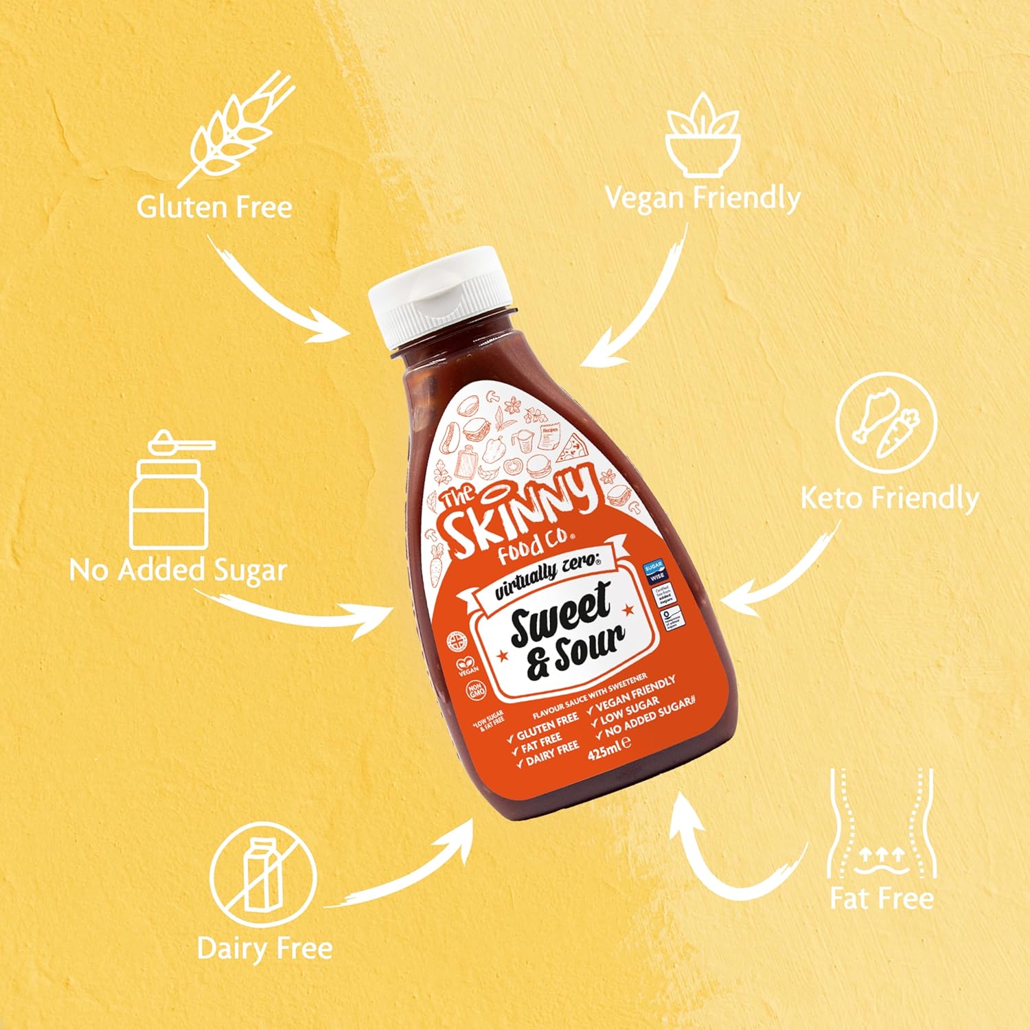 Skinny Food Skinny Sauce bottle with sweet and sour flavor, gluten-free and virtually zero sugar