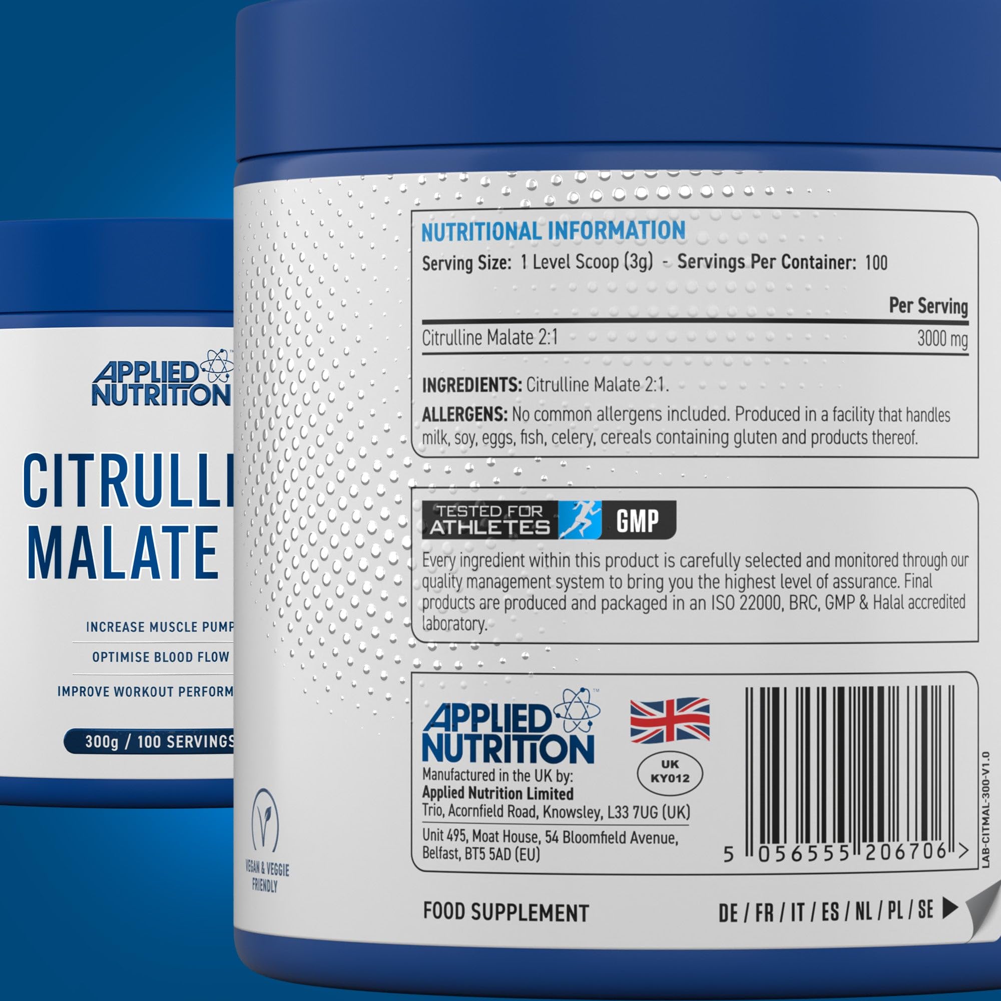 Blue and white Applied Nutrition Citrulline Malate container for workout performance and muscle recovery