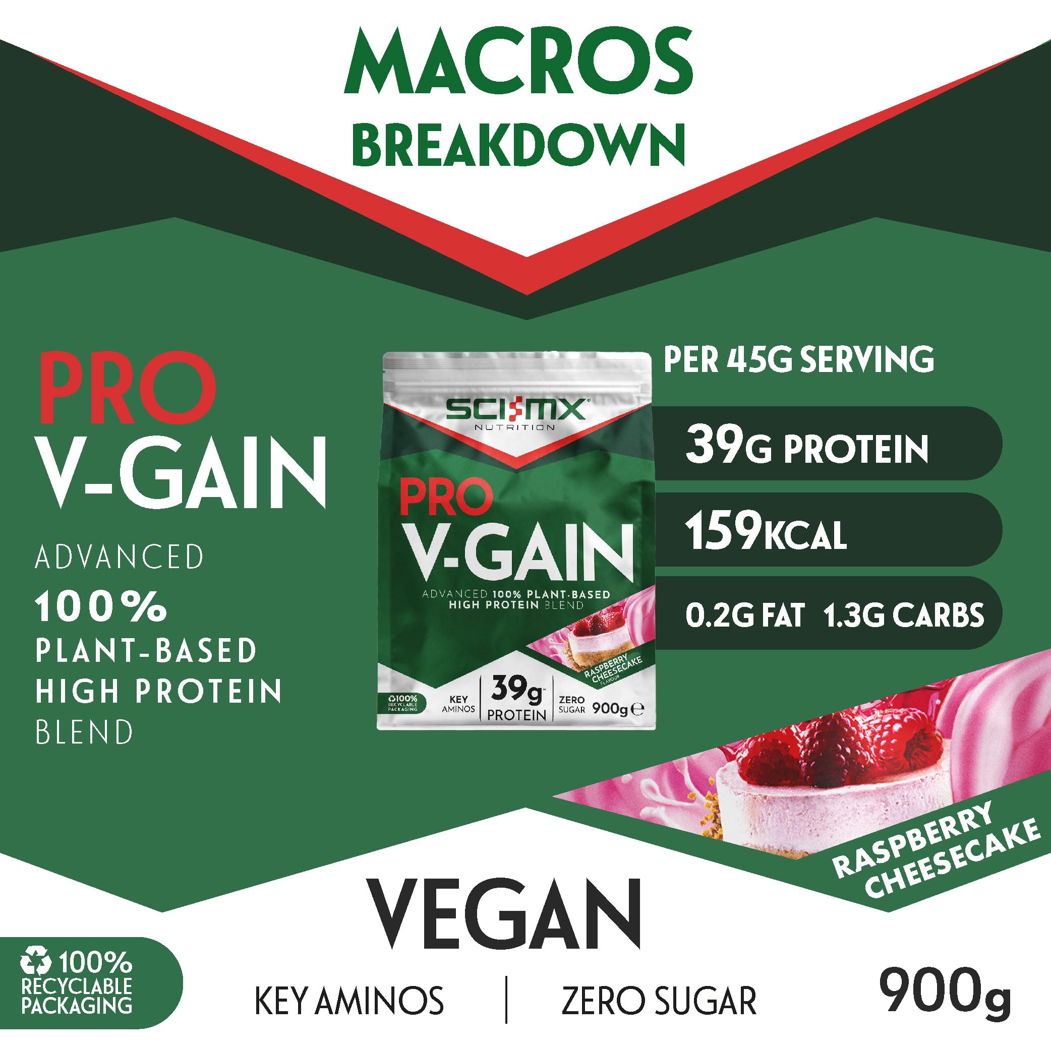 Sci-MX V-Gain 900g Raspberry Cheesecake - Sports Supplements