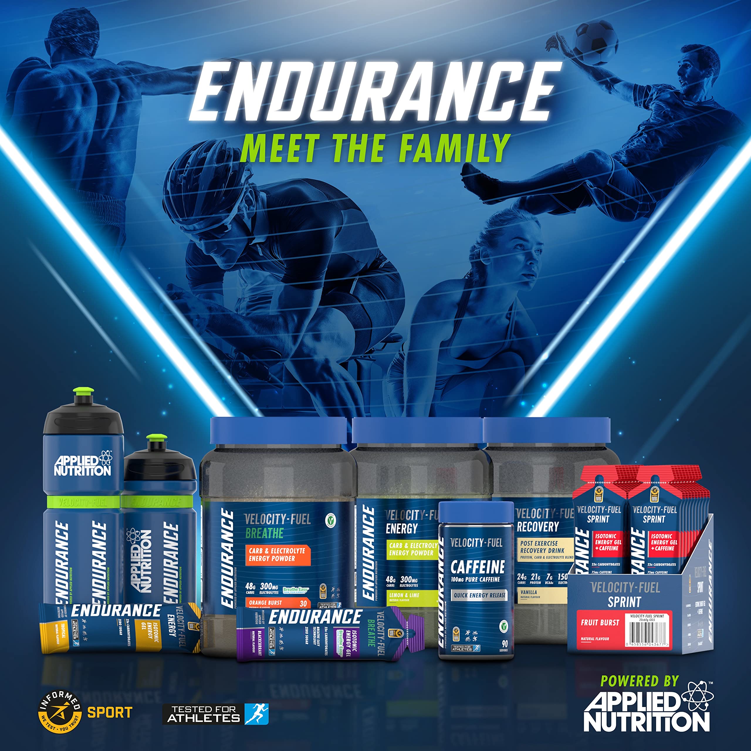 A collection of sports nutrition products including powders, drinks, and supplements.