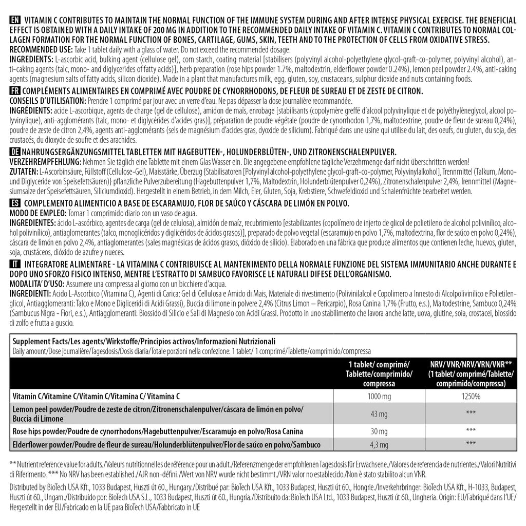 Product label for BioTech USA Vitamin C 1000 supplement with ingredients and instructions