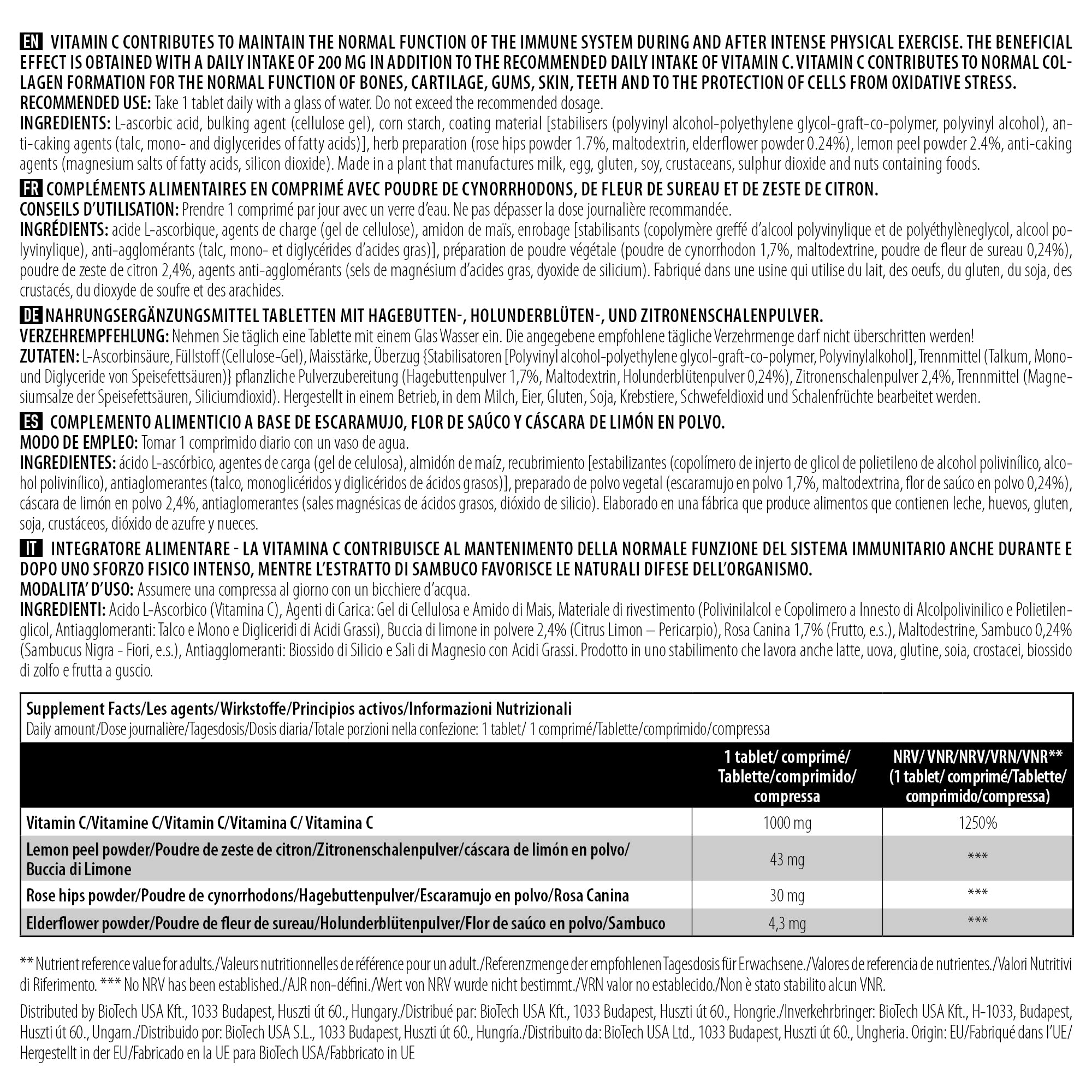 Product label for BioTech USA Vitamin C 1000 supplement with ingredients and instructions