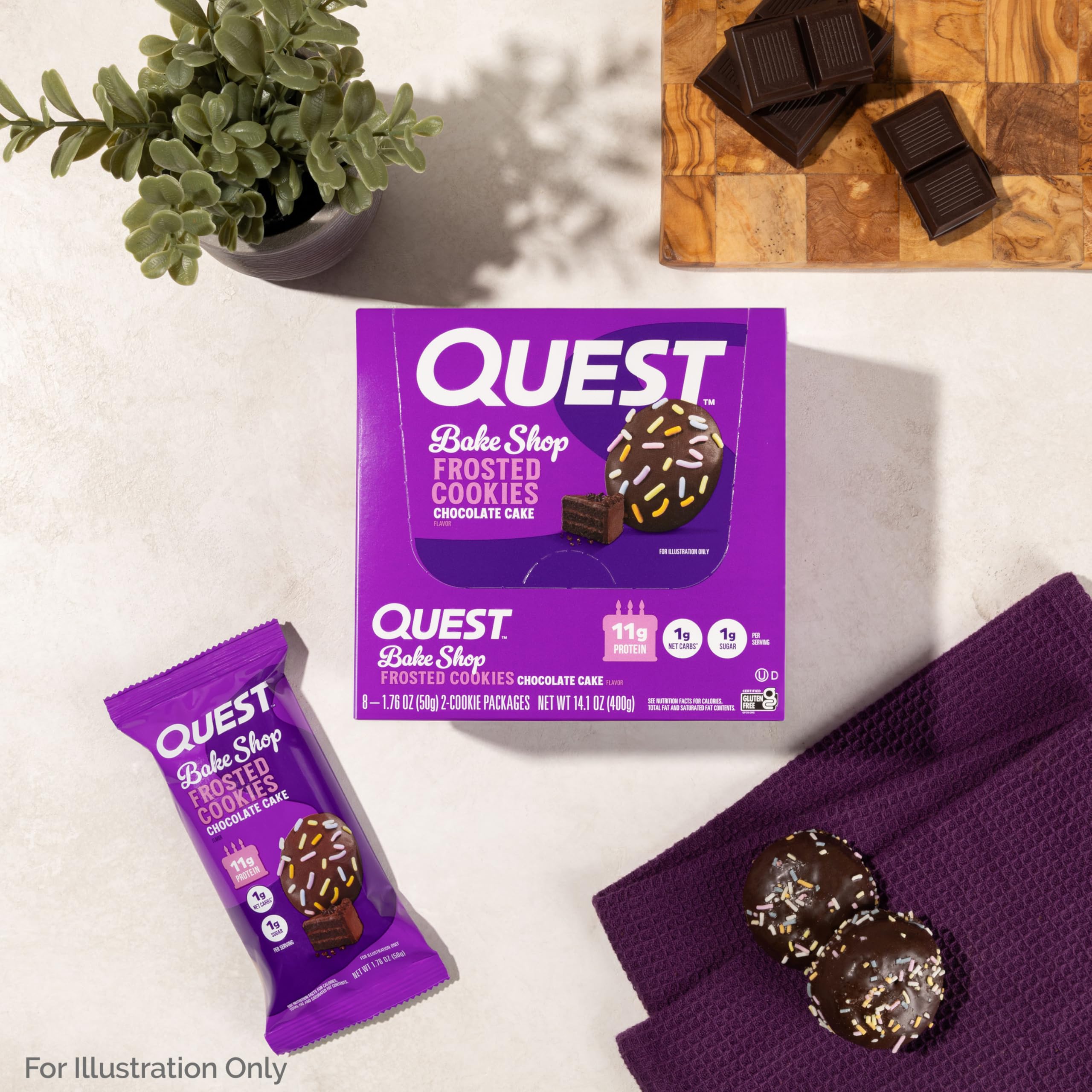 Purple Quest Bakeshop Frosted Cookies box with twin packs and chocolate cake flavor