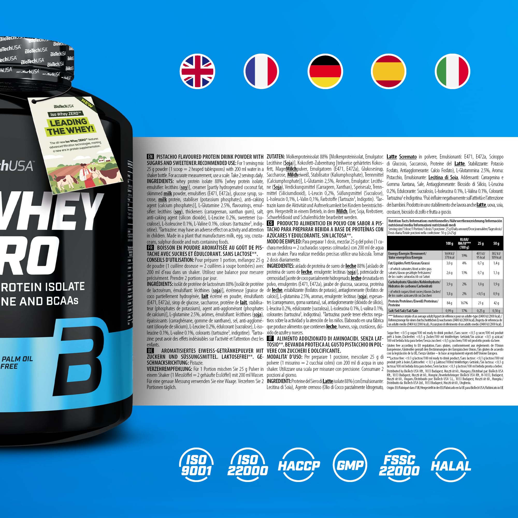 Black and blue Biotech USA Iso Whey Zero Lactose Free protein container with nutrition info