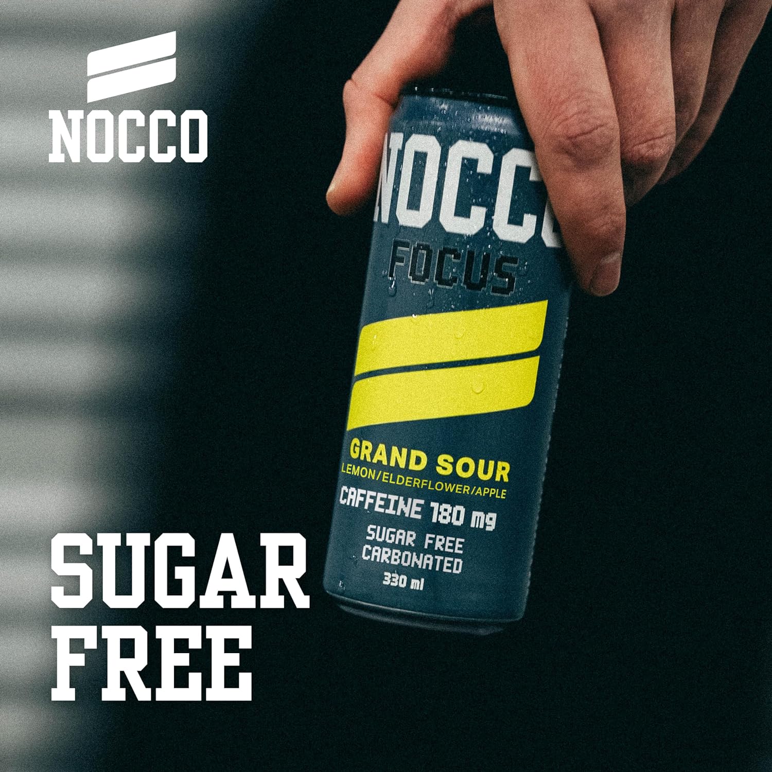 Nocco Focus sugar free energy drink can with lemon, elderflower, and apple flavors