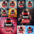 Red and black Outangled Beef Iso Plus container showcasing beef protein isolate supplement