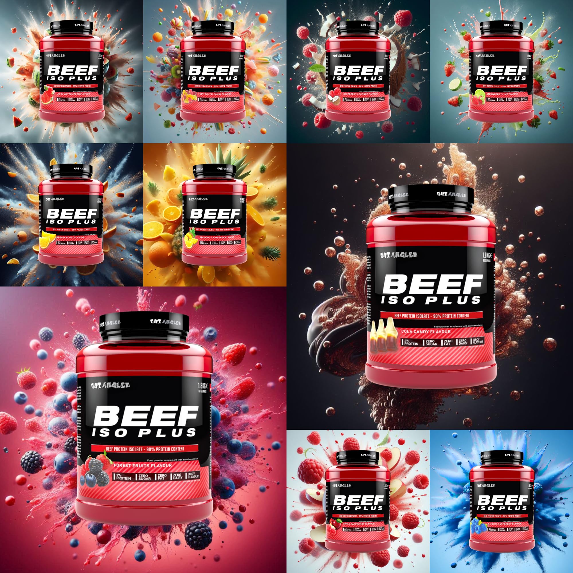 Red and black Outangled Beef Iso Plus container showcasing beef protein isolate supplement