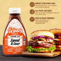 A bottle of The Skinny Food Co Skinny Sauce Sweet & Sour, virtually zero calorie, vegan, gluten-free with two burgers