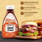 A bottle of The Skinny Food Co Skinny Sauce Sweet & Sour, virtually zero calorie, vegan, gluten-free with two burgers