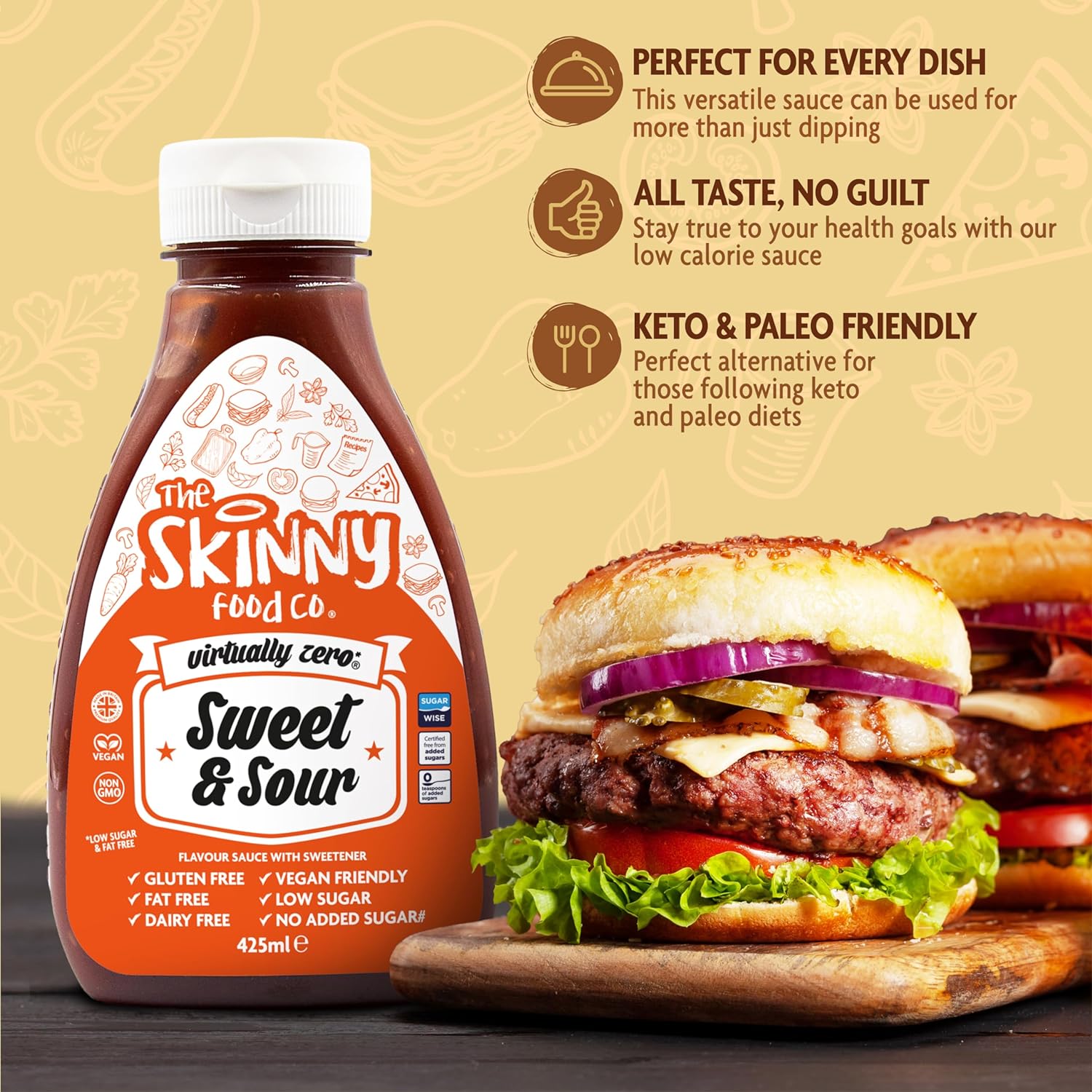 A bottle of The Skinny Food Co Skinny Sauce Sweet & Sour, virtually zero calorie, vegan, gluten-free with two burgers
