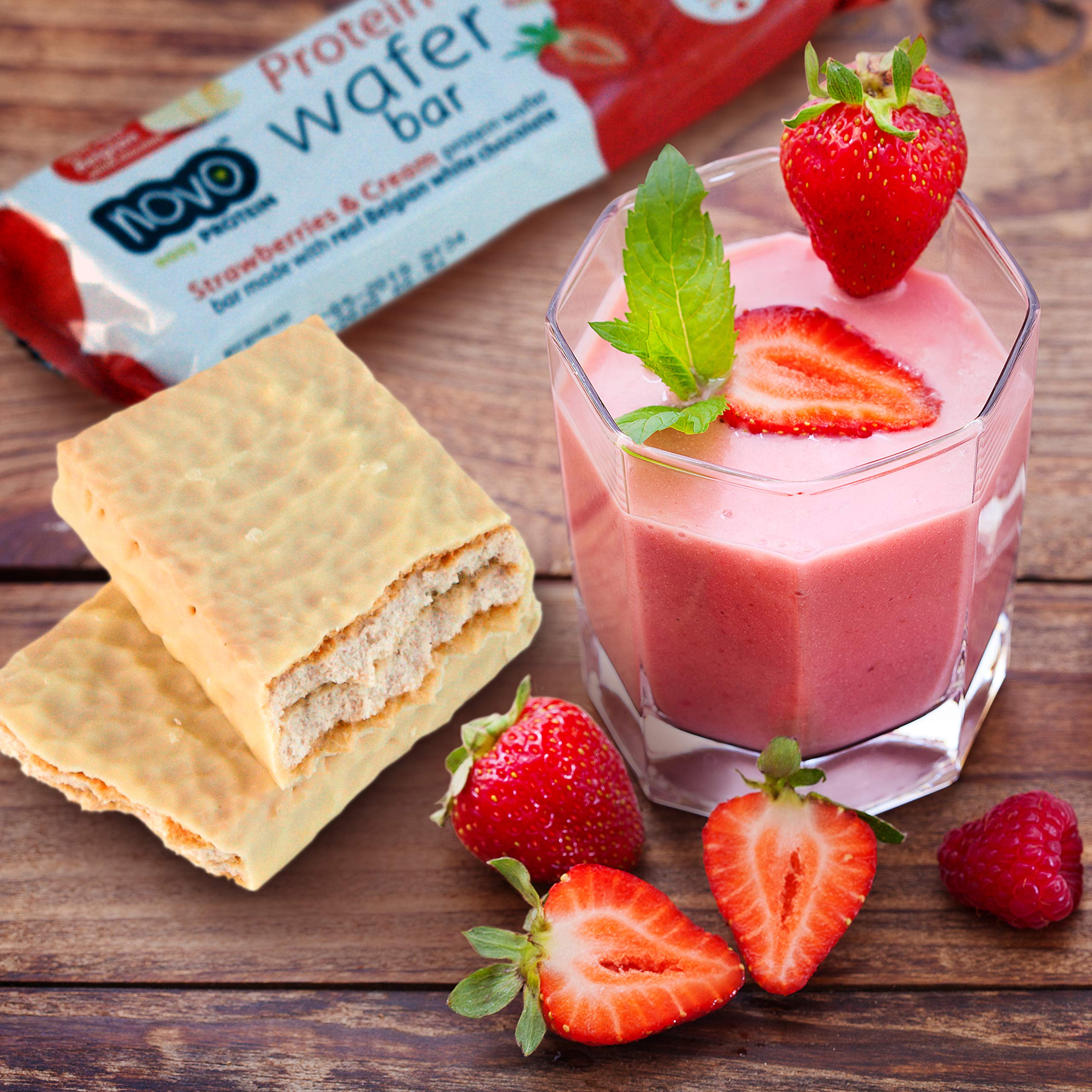 Strawberries and cream protein wafer bar with strawberry smoothie by Novo Nutrition