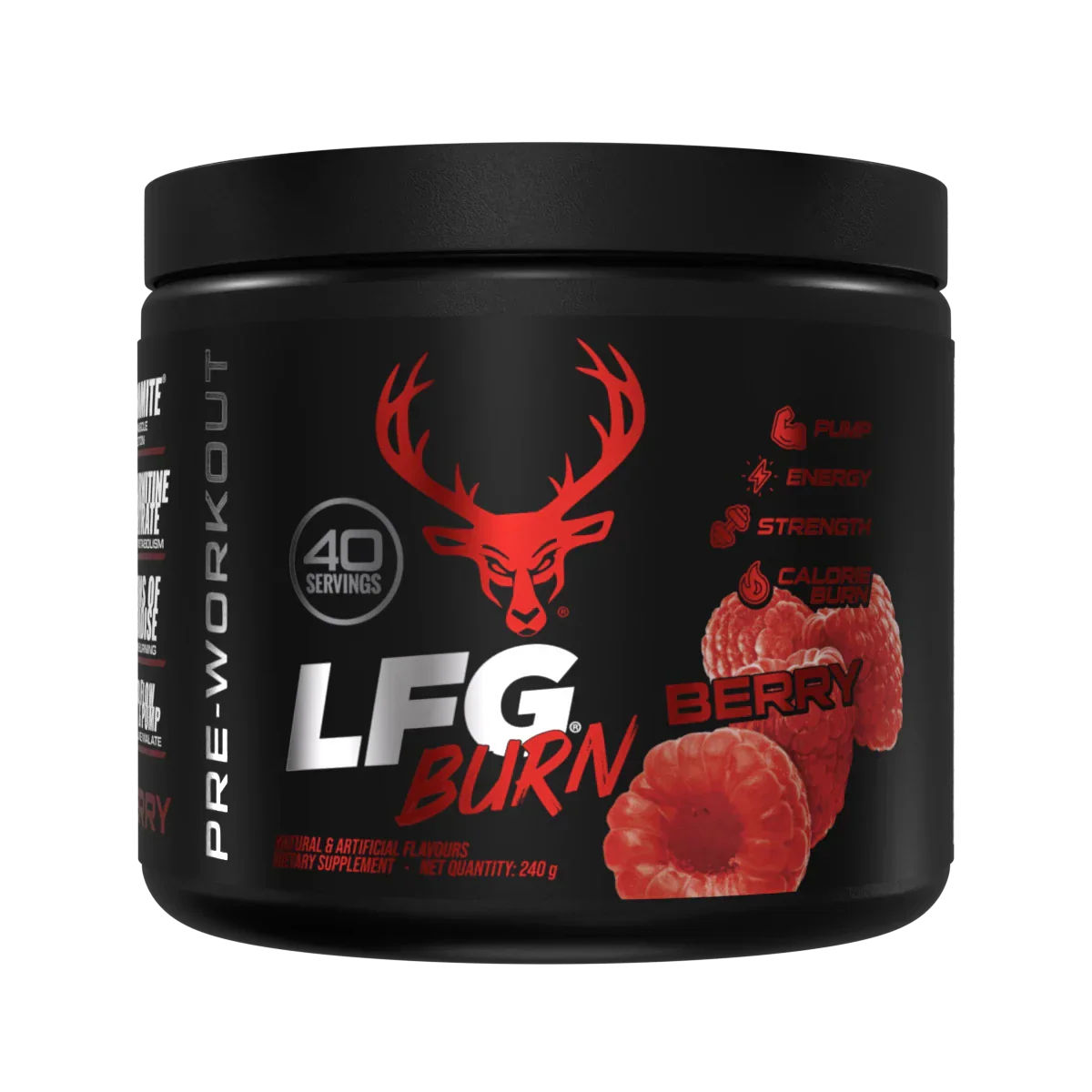 Black Bucked UP LFG pre-workout container with Red Deer logo and LFG BURN BERRY flavor to help transform stored fat with Himalayan rock salt and L-Carnitine Tartrate