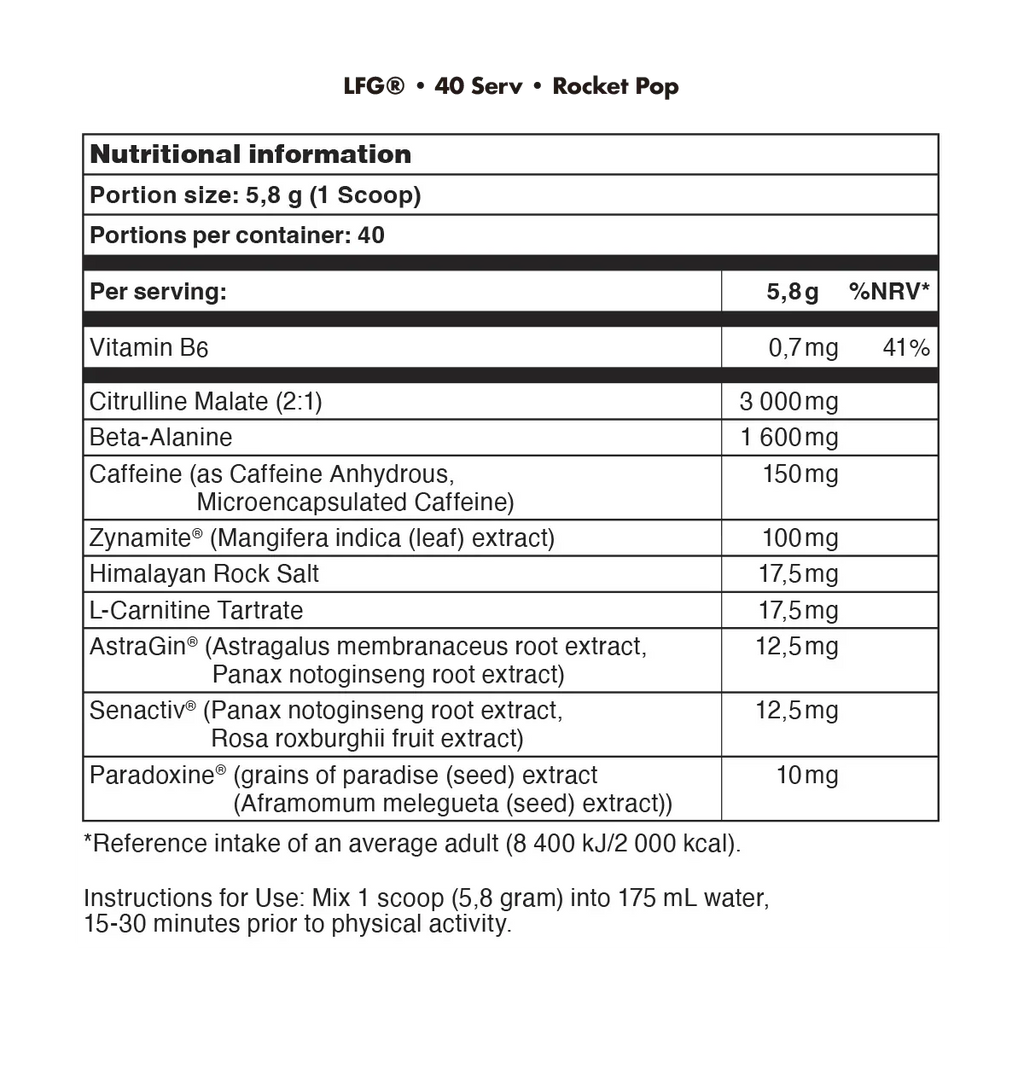 Nutritional info label for Bucked UP LFG supplement with Himalayan rock salt and L-Carnitine Tartrate to help transform stored fat