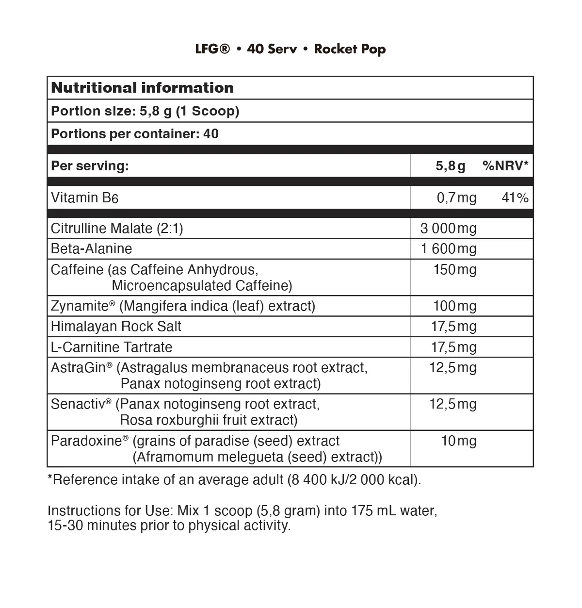 Nutritional info label for Bucked UP LFG supplement with Himalayan rock salt and L-Carnitine Tartrate to help transform stored fat