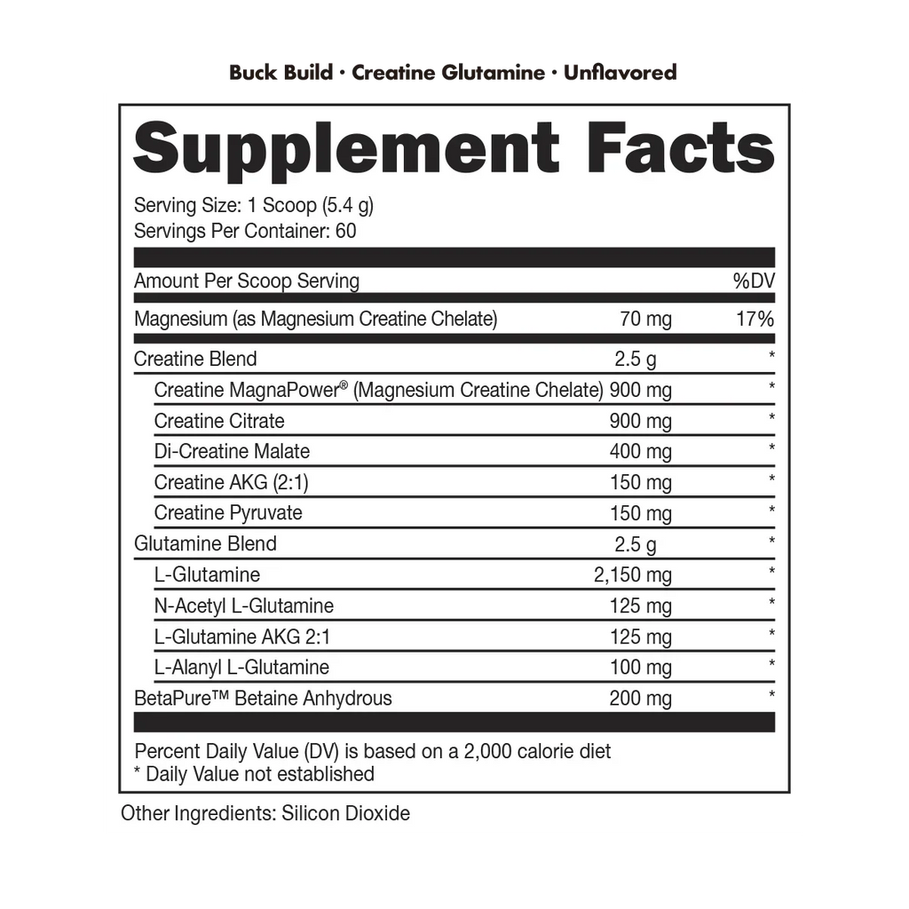 Nutrition label for Bucked Up Buckbuild supplement supporting muscle growth and workout performance