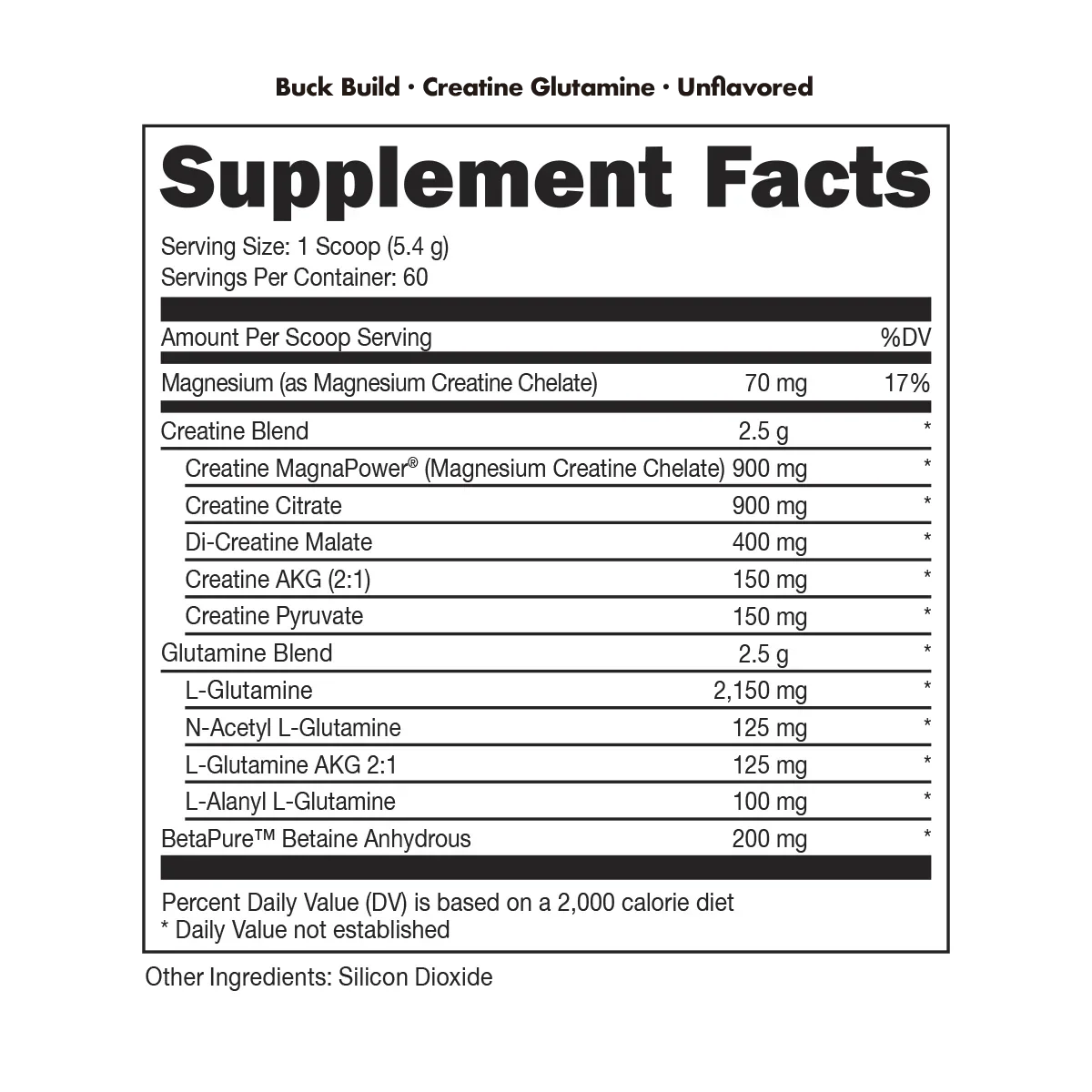 Nutrition label for Bucked Up Buckbuild supplement supporting muscle growth and workout performance