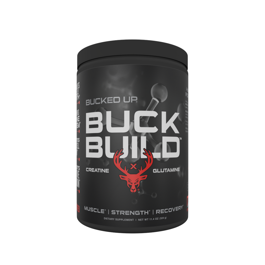 Black Bucked Up Buckbuild supplement container with red deer logo for muscle growth
