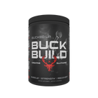 Black Bucked Up Buckbuild supplement container with red deer logo for muscle growth