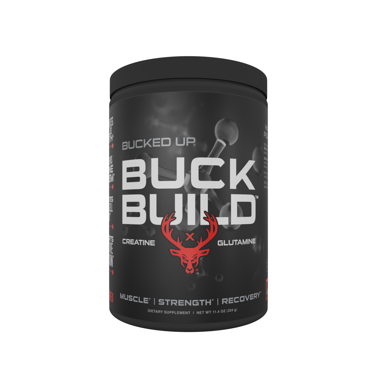 Black Bucked Up Buckbuild supplement container with red deer logo for muscle growth
