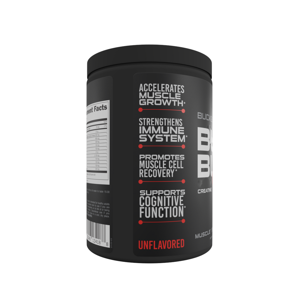 Black Bucked Up Buckbuild Creatine Tub for muscle growth and workout boost