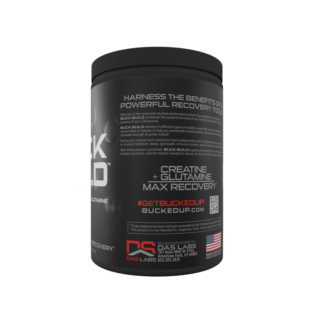Black Bucked Up Buckbuild supplement container with red and white lettering for muscle growth