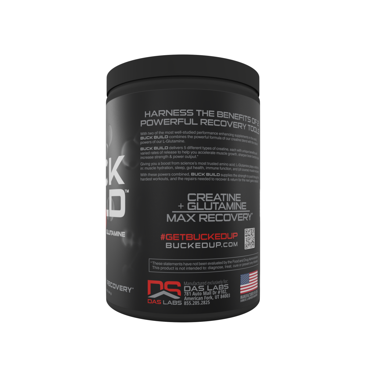 Black Bucked Up Buckbuild supplement container with red and white lettering for muscle growth